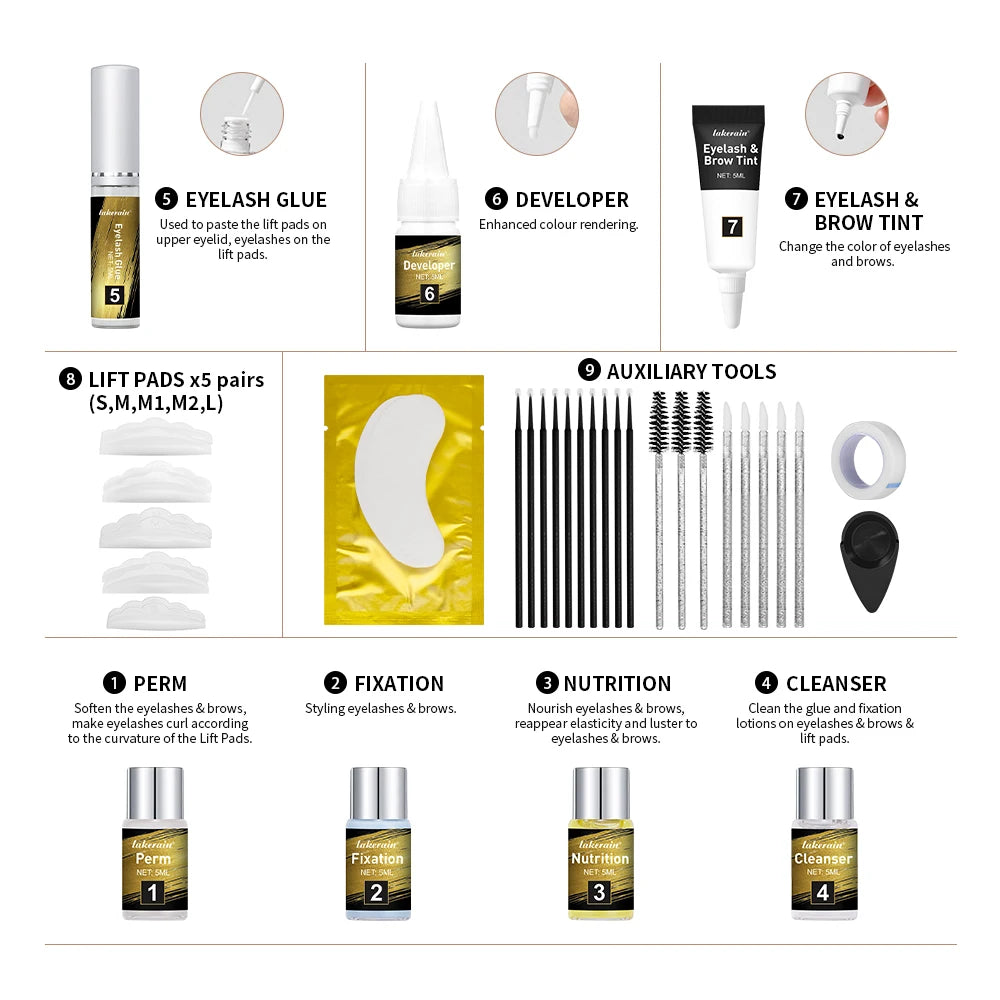 Lakerain Lash & Brow Lift and Tint Kit Long Lasting Effect Nourish Eyelashes Waterproof Easy Application Eyelash & Brow Lift Set