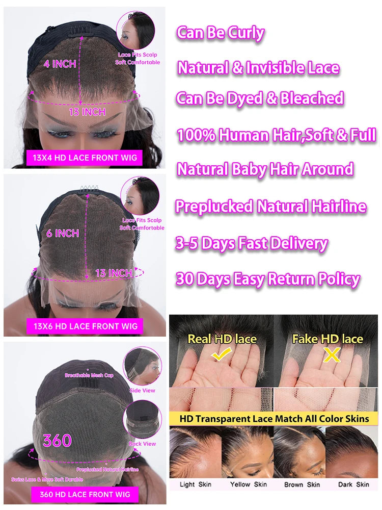 40 44 Inch Body Wave 13x6 Hd Transparent Lace Frontal Wig 13x4 Lace Front Human Hair Wig 360 Brazilian PrePlucked Wigs For Women