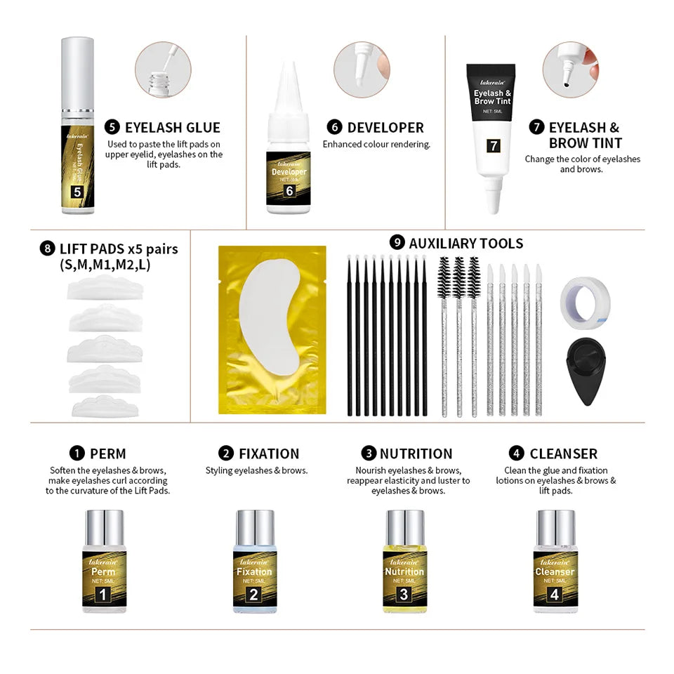 Lakerain Lash & Brow Lift and Tint Kit Long Lasting Effect Nourish Eyelashes Waterproof Easy Application Eyelash & Brow Lift Set